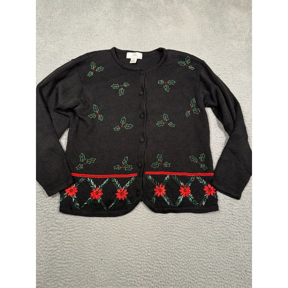Vintage Lisa International Black Christmas Sweater Small S Mistle Toe Holly Knit